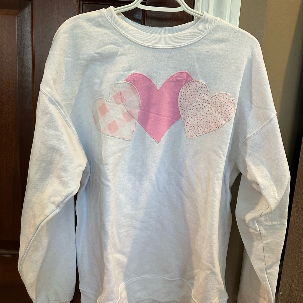 White and Pink Heart Embroidered Sweatshirt